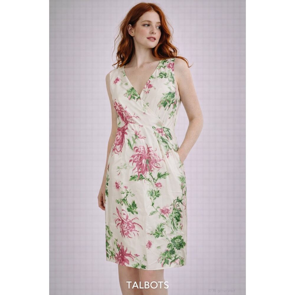 Talbots Petite Floral Silk Dress 10P Sleeveless Ivory Pink Green Lined Romantic